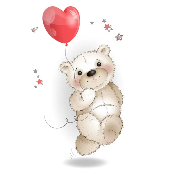 Orso felice che corre con un palloncino a forma di cuore — Vettoriale Stock