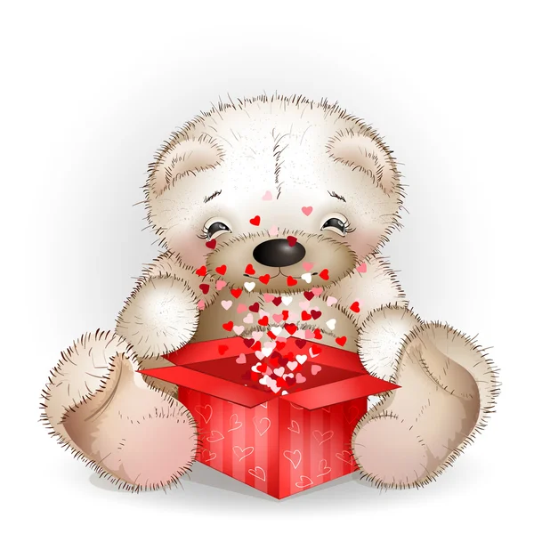 Happy bear got in a gift box with lots of hearts — Stock Vector