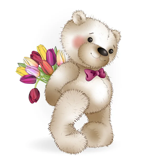 Orso sorridente con un bouquet — Vettoriale Stock