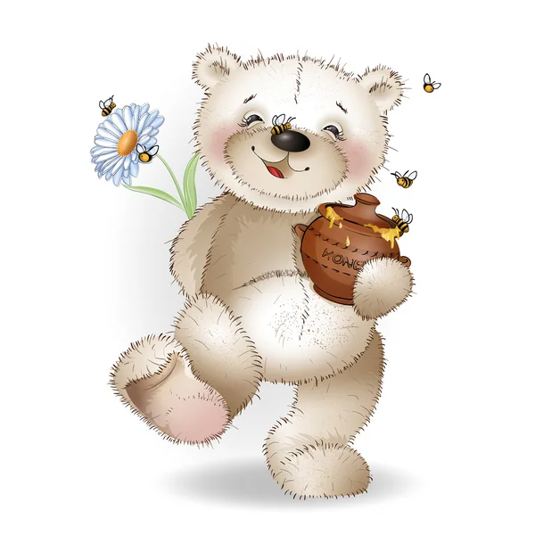 Happy Teddy bear comes with a gift to the honey pot — Stock Vector