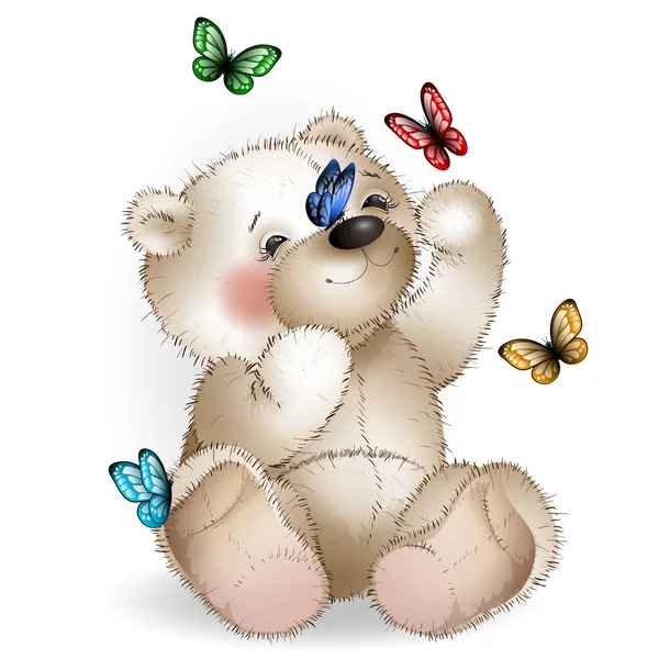 Feliz oso de peluche y mariposa — Vector de stock