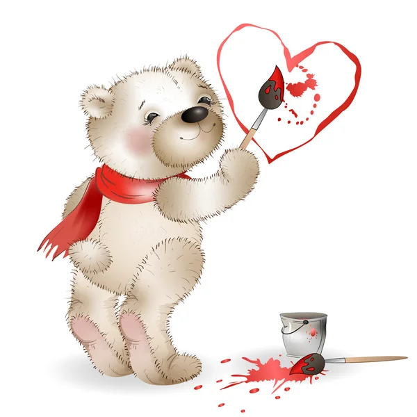 Glücklich Teddybär Malerei Herz 2 — Stockvektor