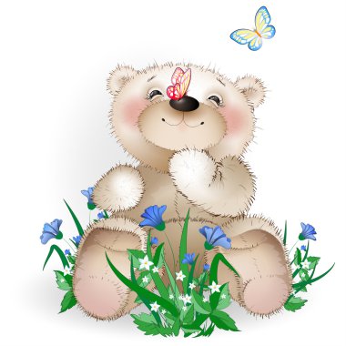 Mutlu oyuncak ayı bir çayır flowers1 oturur