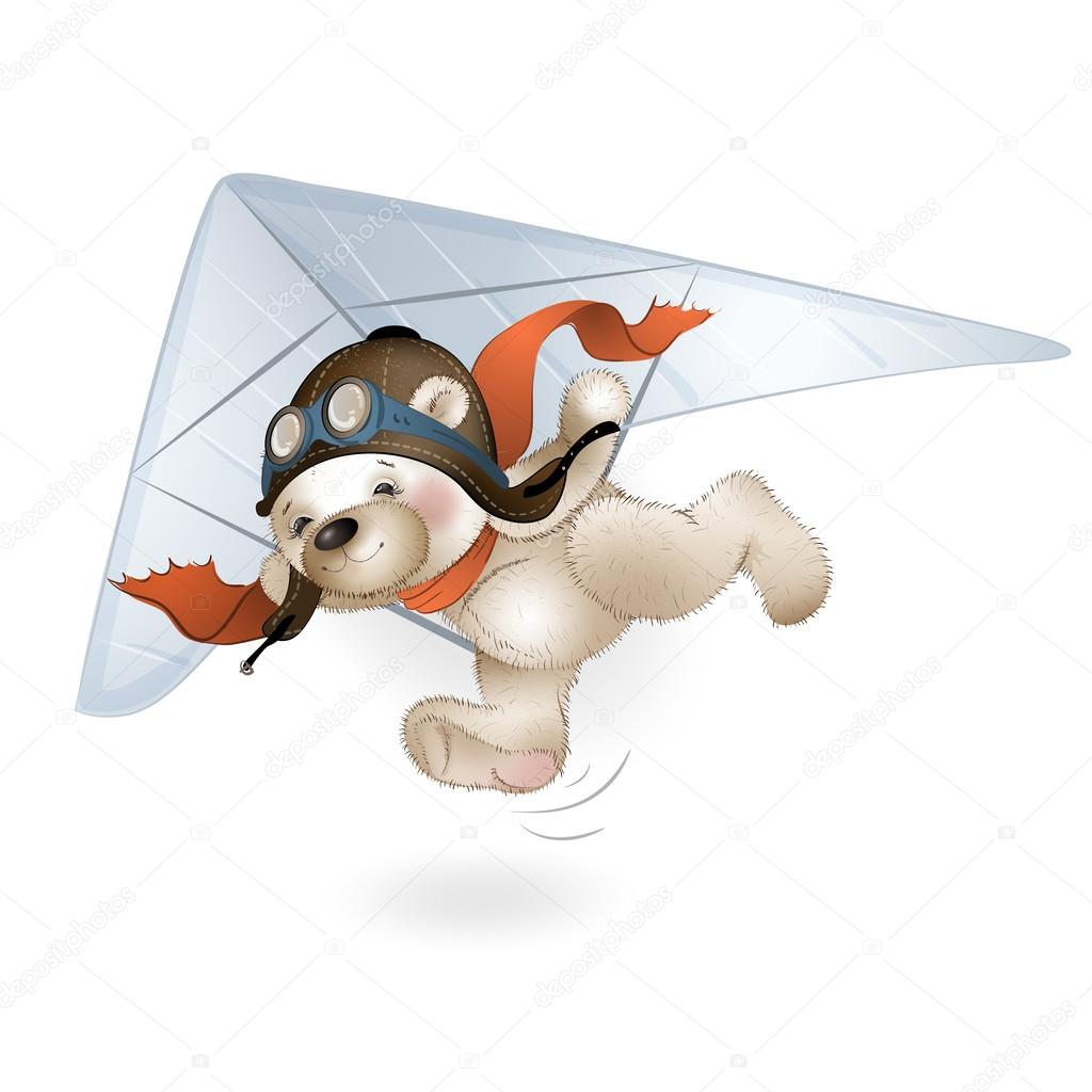 The Teddy bear is flying on a hang glider in the sky