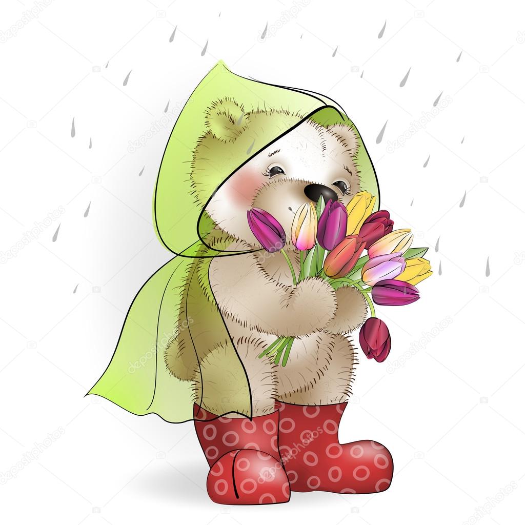 Teddy bear with a bouquet of tulips standing in the rain1