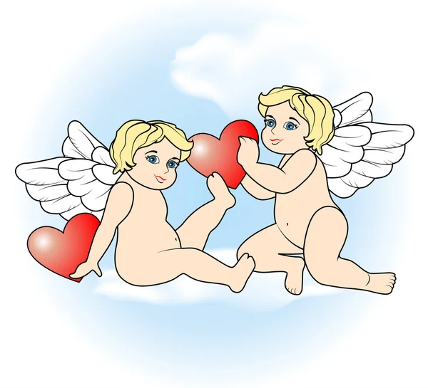 Due piccoli Cupidi che volano con i cuori9 — Vettoriale Stock