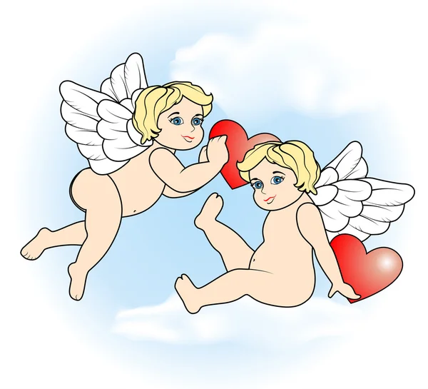 Due piccoli Cupidi che volano con cuori14 — Vettoriale Stock