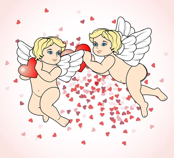 Due piccoli Cupidi che volano con i cuori16 — Vettoriale Stock