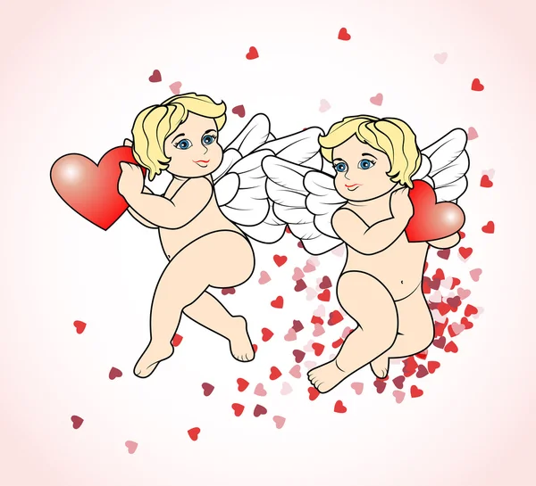Two little Cupid flying with hearts6 — Stock Vector