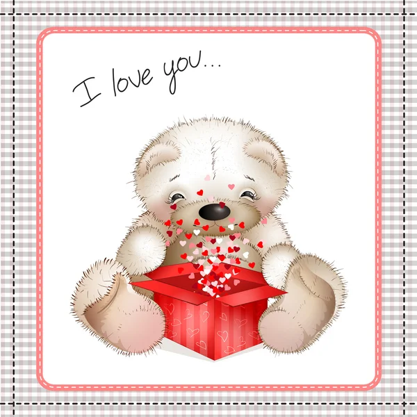 Teddy bear with a box of hearts — Stock Vector
