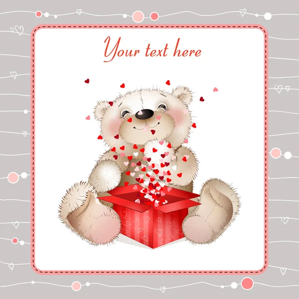 Teddybeer met een doos met hearts3 — Stockvector