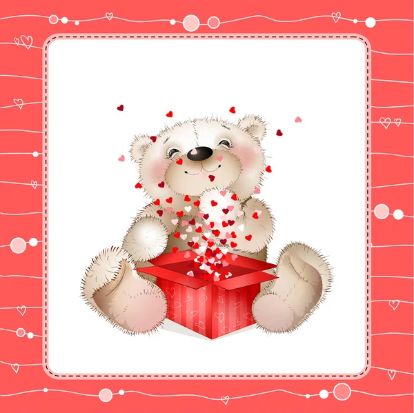 Osito de peluche con una caja de corazones — Vector de stock