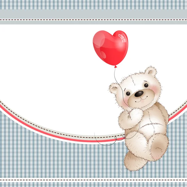 Urso de pelúcia e coração de balão — Vetor de Stock