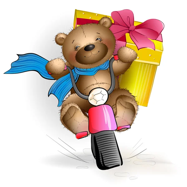 Urso Teddy feliz montando uma motocicleta com um presente —  Vetores de Stock