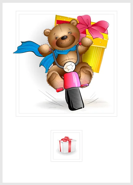 Happy Teddy bear riding a motorcycle with a gift 2 — Stock Vector