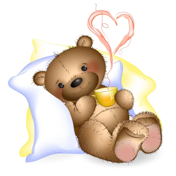 Feliz osito de peluche en las almohadas con una taza 2 — Vector de stock