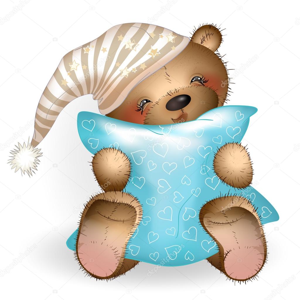 Happy Teddy Bear hugging a pillow 3