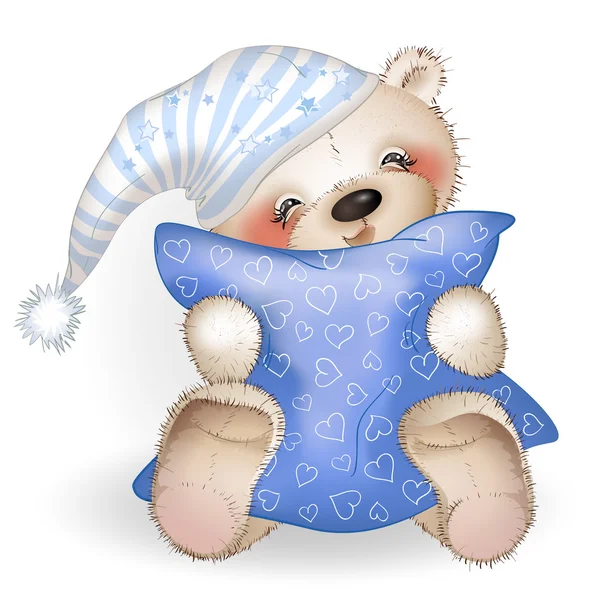 Happy Teddy Bear hugging a pillow 4 — Stock Vector