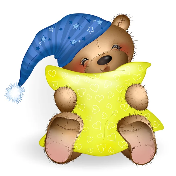 Happy Teddy Bear hugging a pillow 1 — Stock Vector
