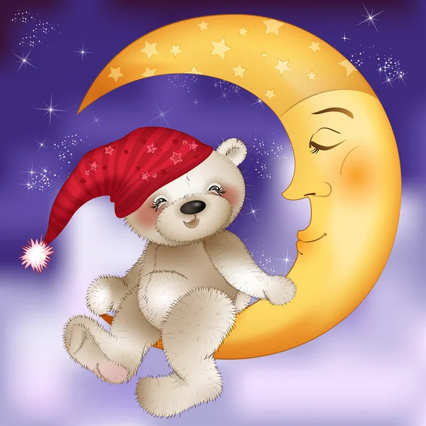 Osito de peluche sentado en la luna — Vector de stock