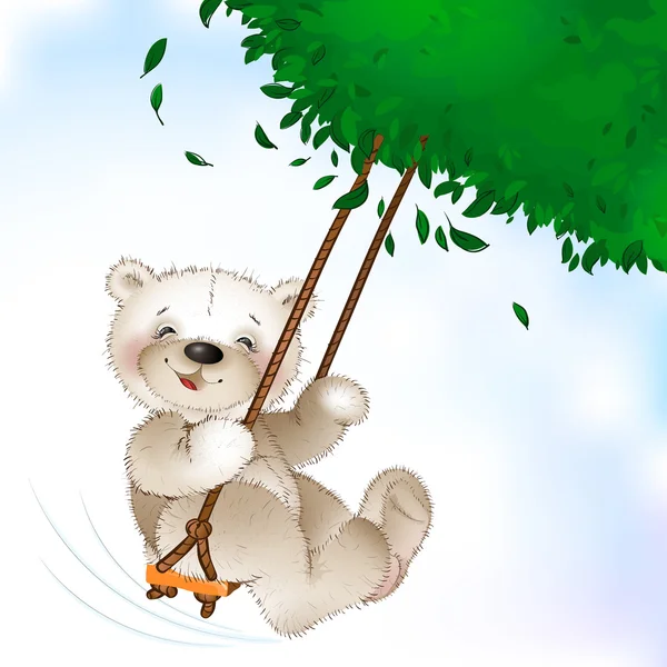 Happy Teddy bear riding on a swing — Stock Vector