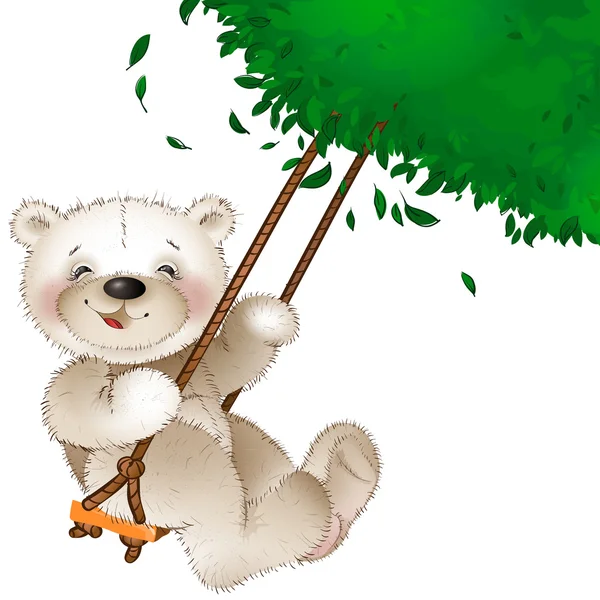 快乐骑在秋千上的泰迪熊 — 图库矢量图片