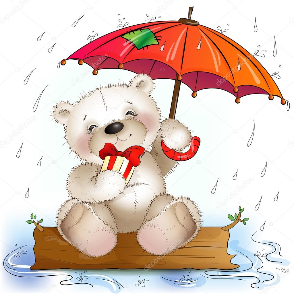 Teddy bear sits with a gift under the umbrella
