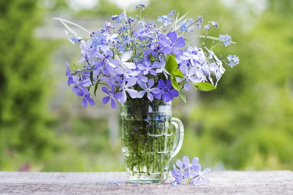 Un ramo de hermosas flores azules contra un jardín verde — Foto de Stock