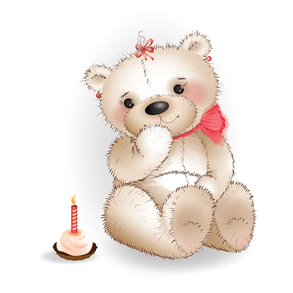 Медвежонок с тортом на белом фоне — стоковый вектор