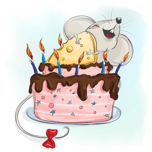 Rato feliz com um bolo feito de queijo —  Vetores de Stock