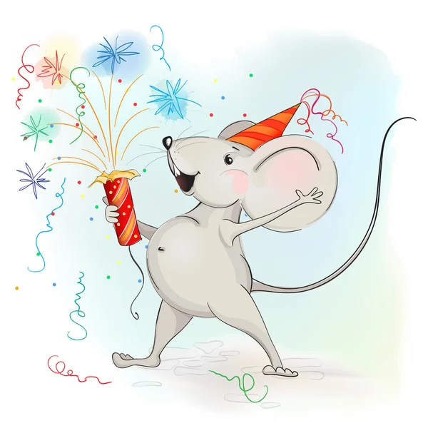 Щаслива мультяшна миша робить феєрверки — стоковий вектор