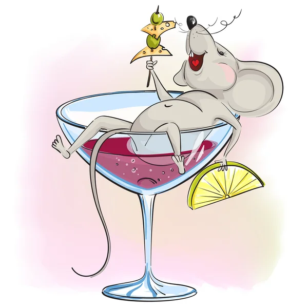 幸せな漫画のマウスにあるワインと手を繋いでのガラス — ストックベクタ
