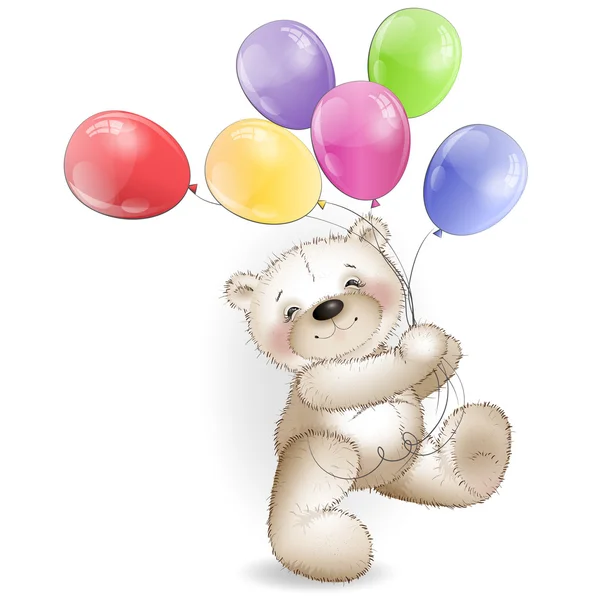 Divertido oso de peluche viene con globos de colores — Vector de stock