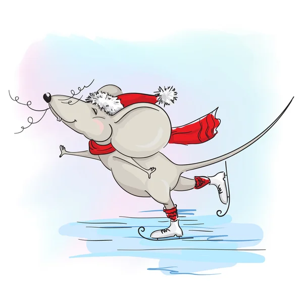 Año nuevo, divertido ratón feliz o patines de rata — Vector de stock