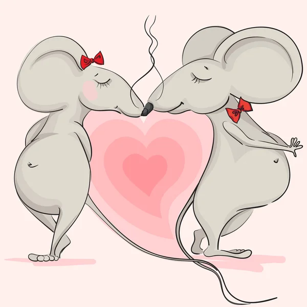 Love the mouse on the background of pink hearts — Stock Vector