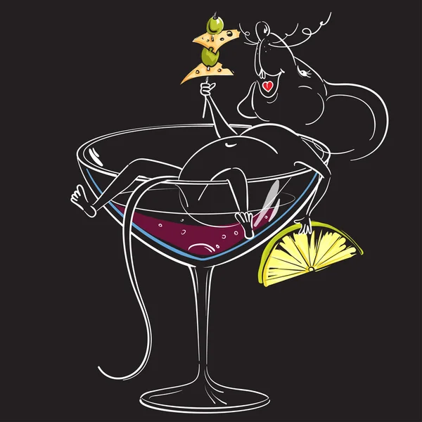 Happy cartoon mouse is in a glass of wine - Stok Vektor