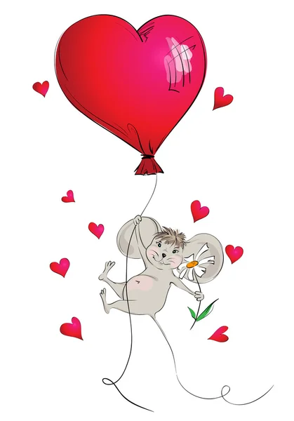 Happy mouse flying in a balloon in the form of heart — Stock Vector