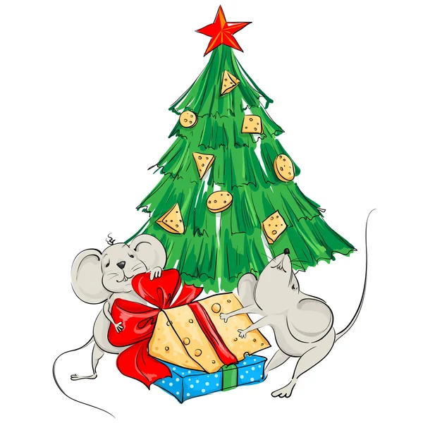 Legrační karikatura myši rozdělit sýr pod vánoční stromeček — Stockový vektor