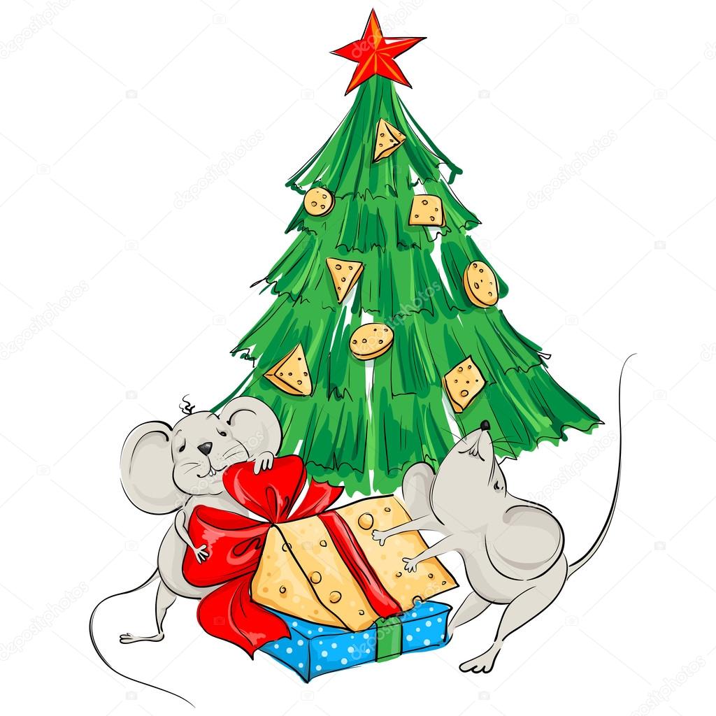 Funny cartoon mouse divide the cheese under the Christmas tree
