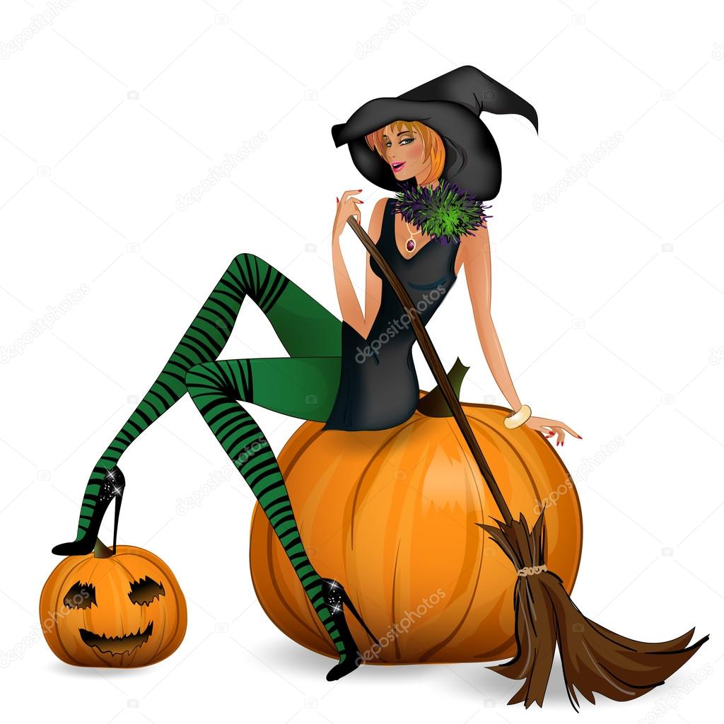 Beauty witch sitting on a pumpkin on Halloween