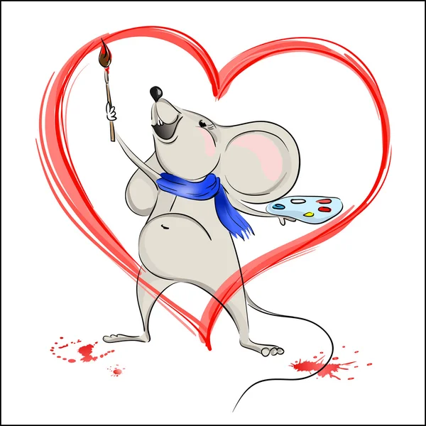 Szczęśliwy kreskówka mysz farby serca — Wektor stockowy