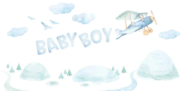 Clipart Bebé Baby Boy Adventures Convite Recém Nascido Voar Avião — Fotografia de Stock