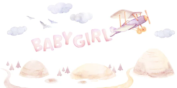 Clipart Bebé Baby Girl Adventure Avião Hills Roads Trees Nuvens — Fotografia de Stock