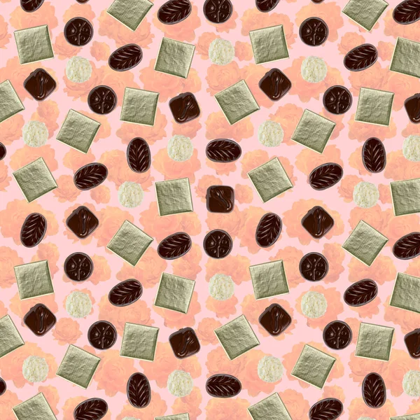 Diverse Snoepjes Snoepjes Een Bloemige Achtergrond Met Een Roze Achtergrond — Stockfoto