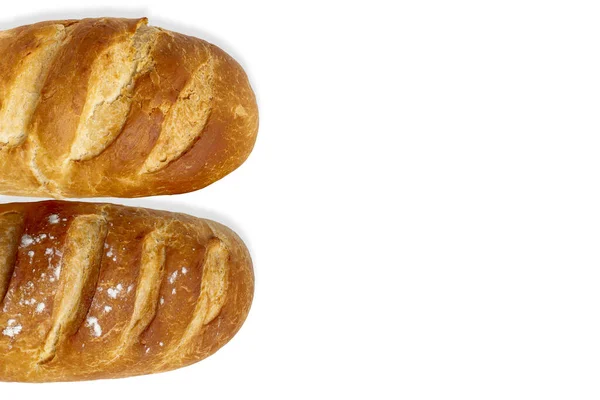 Zwei Frische Brote Großaufnahme Isoliert Auf Weiß Kopierraum Draufsicht Flache — Stockfoto