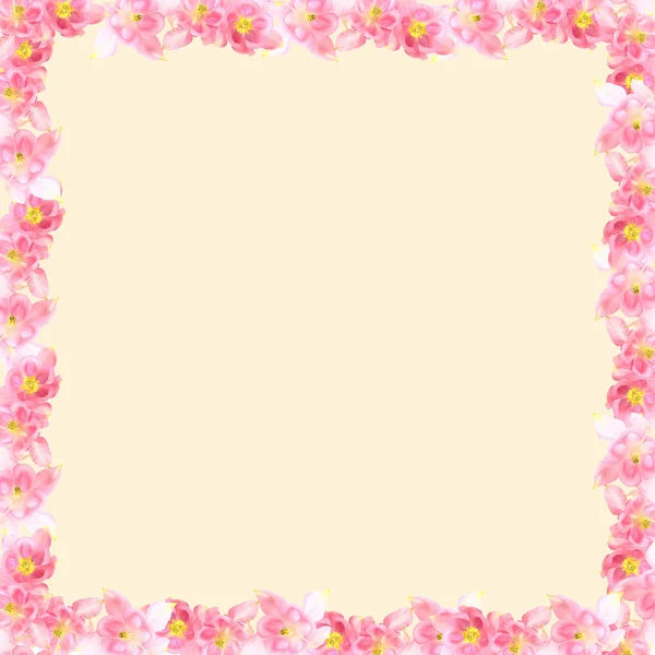 Pink flowers as a frame. Flower composition. Clean empty light beige background. Blank for greeting message. Copy space, top view, flat lay.