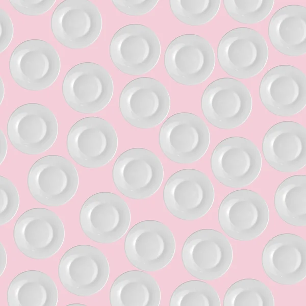 Weiße Teller Auf Hellrosa Pastellgrund Draufsicht Flache Lage Nahtloses Muster — Stockfoto