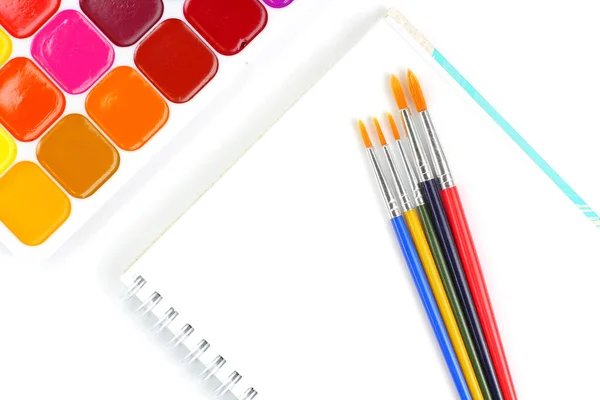 School Education Theme Concept Watercolor Paints Brushes Sketchbook White Background — Stock Photo, Image