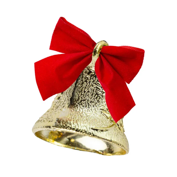 金色圣诞钟声 红色弓形 圣诞树玩具 白色背景 — 图库照片