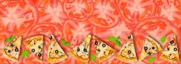 Kawałki Pizzy Zielonymi Liśćmi Pomidorach Granica Ulotce Reklamowej Lub Baner — Zdjęcie stockowe